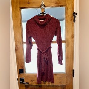 Small burgundy sweater dress with tie belt